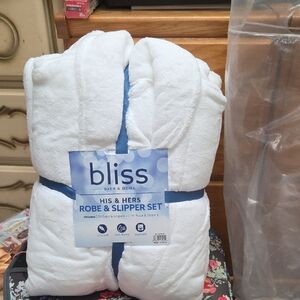 Bliss His & Hers White Robe & Slipper Set